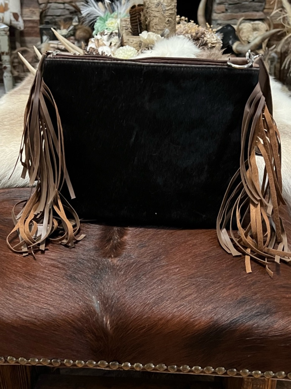 Black & white  natural cowhide  Crossbody Bag with Brown Fringe